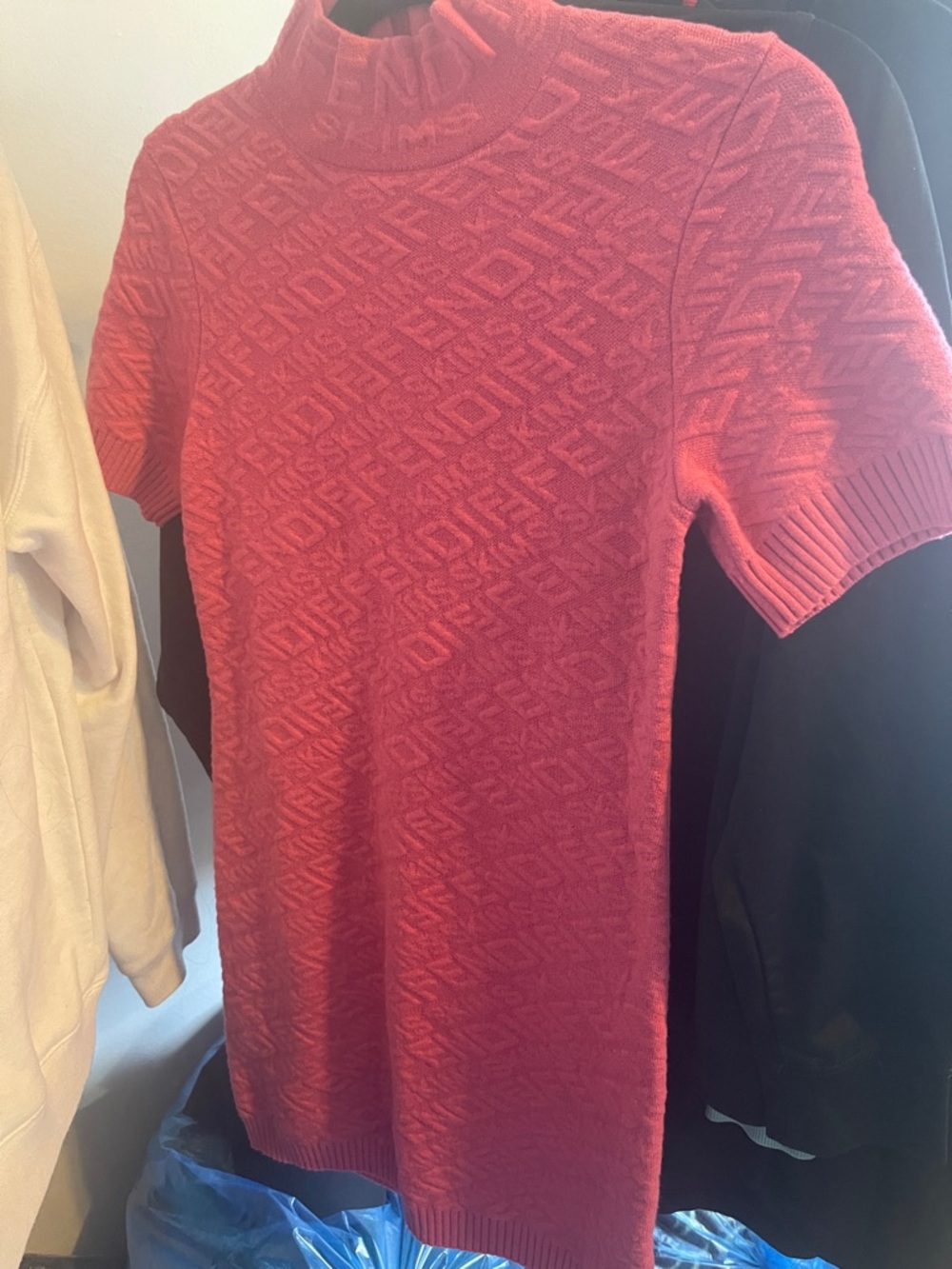 Textured Red Short-Sleeve Knit Dress